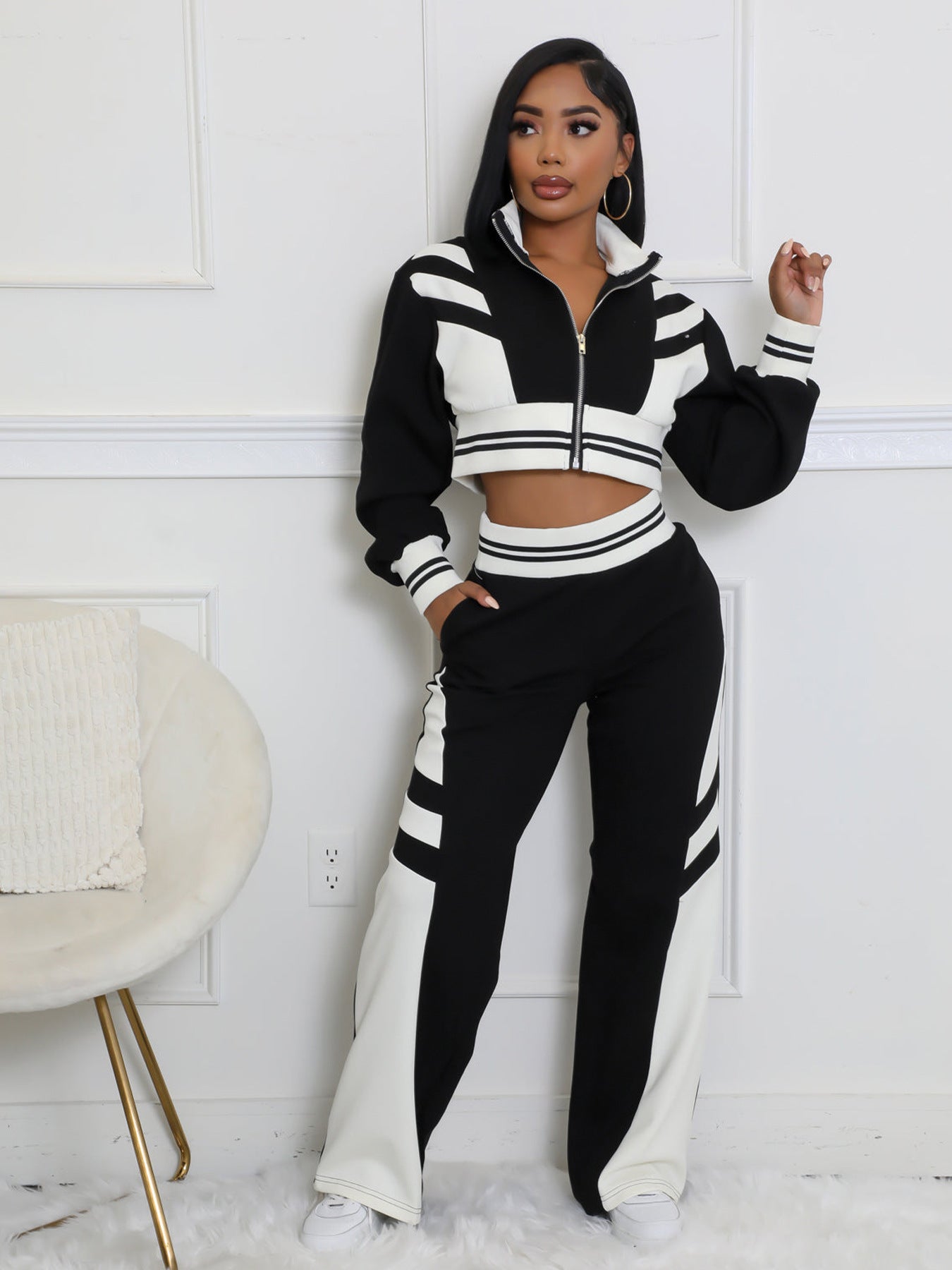 Women autumn and winter high collar zipper Top and Contrast Color trousers Two Piece Set