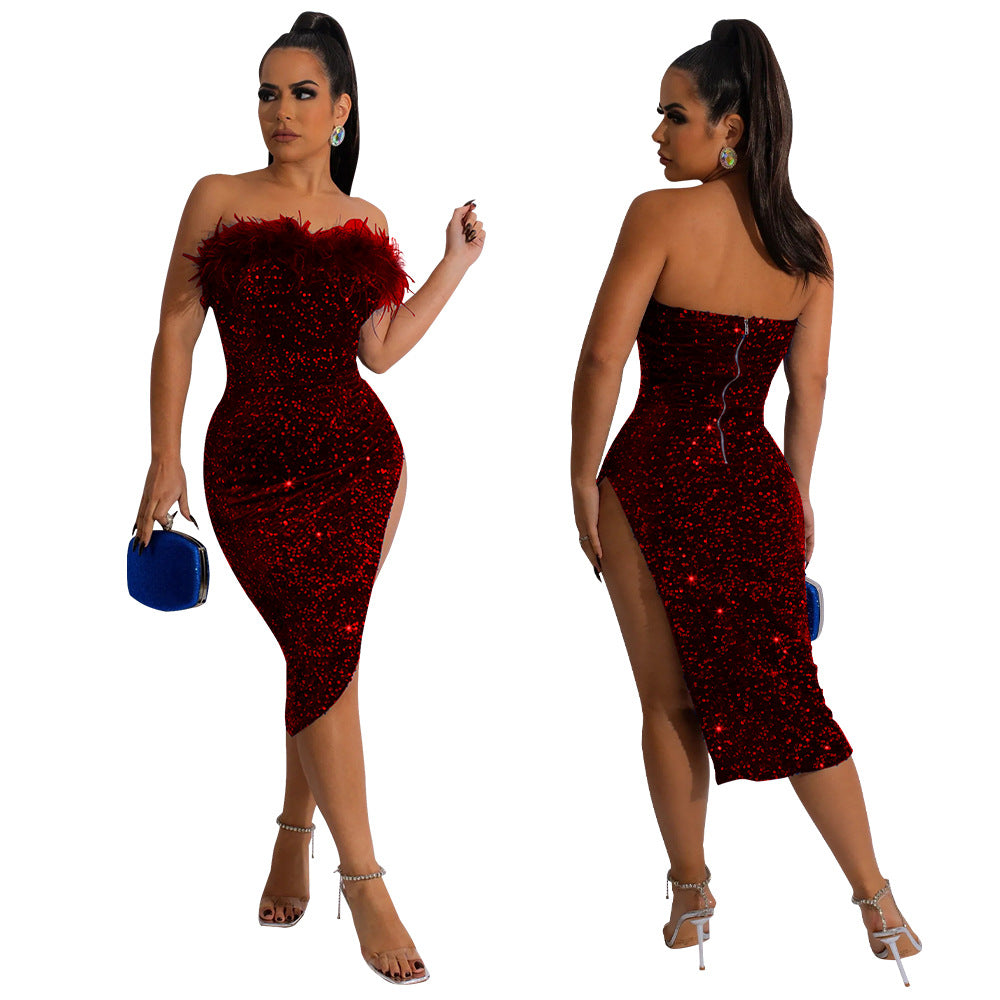 Women's Off Shoulder sequin split sexy dress 5
