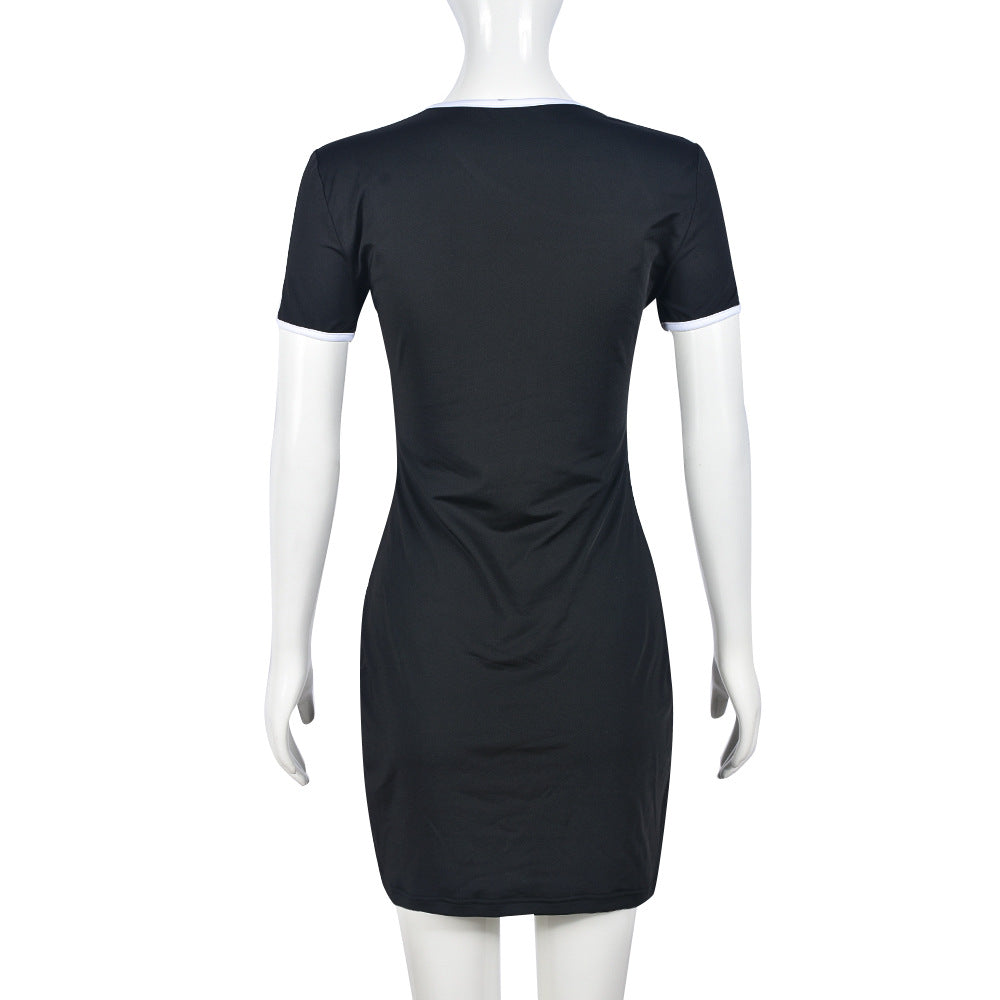 Women printed slit contrast color short sleeve sexy bodycon dress 7
