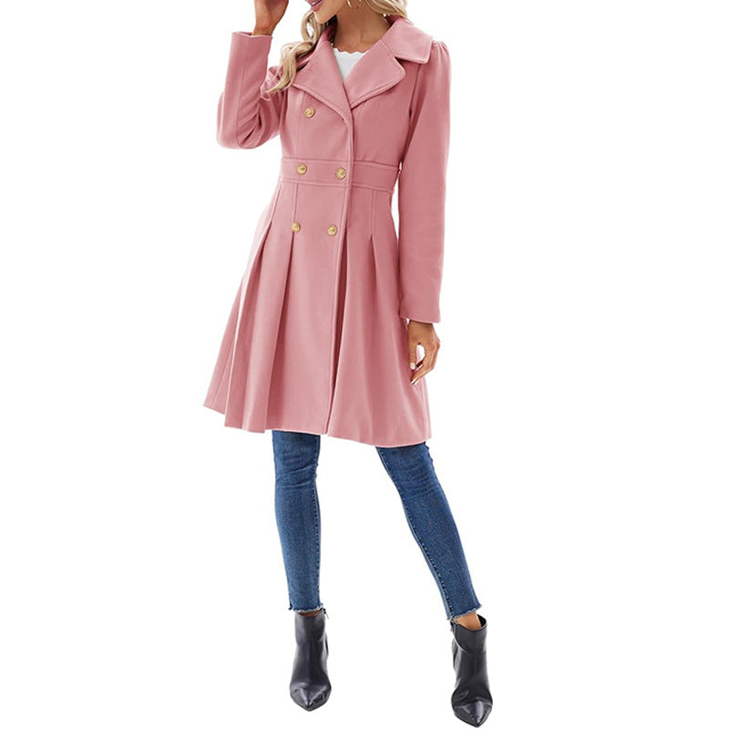 Women Fall and Winter Turndown Collar Double-Breasted Pocket Windbreaker 88