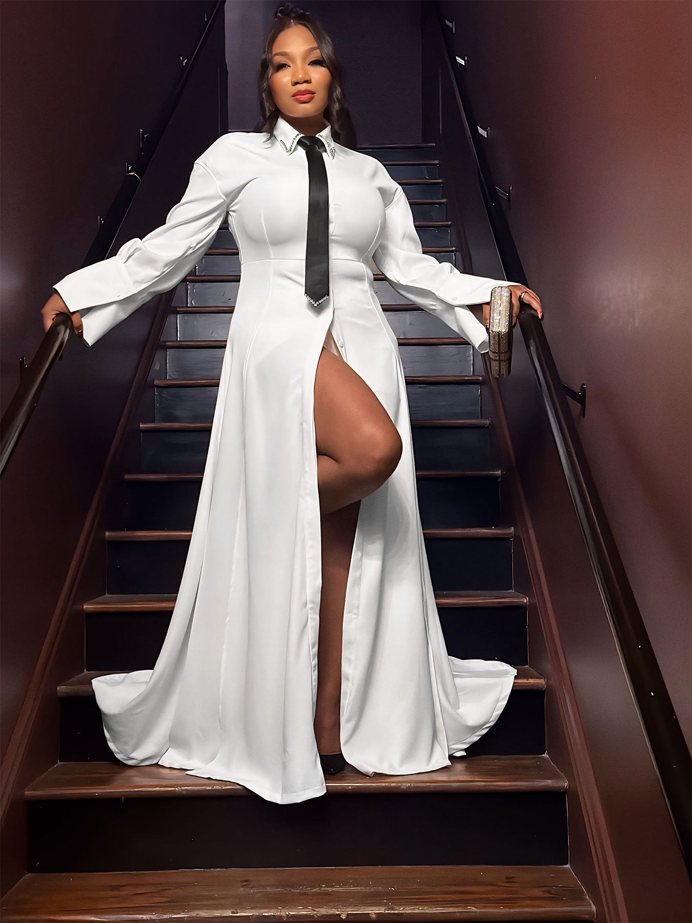 Spring Slim Waist White Long Slit Shirt Dress Tie Shorts Set