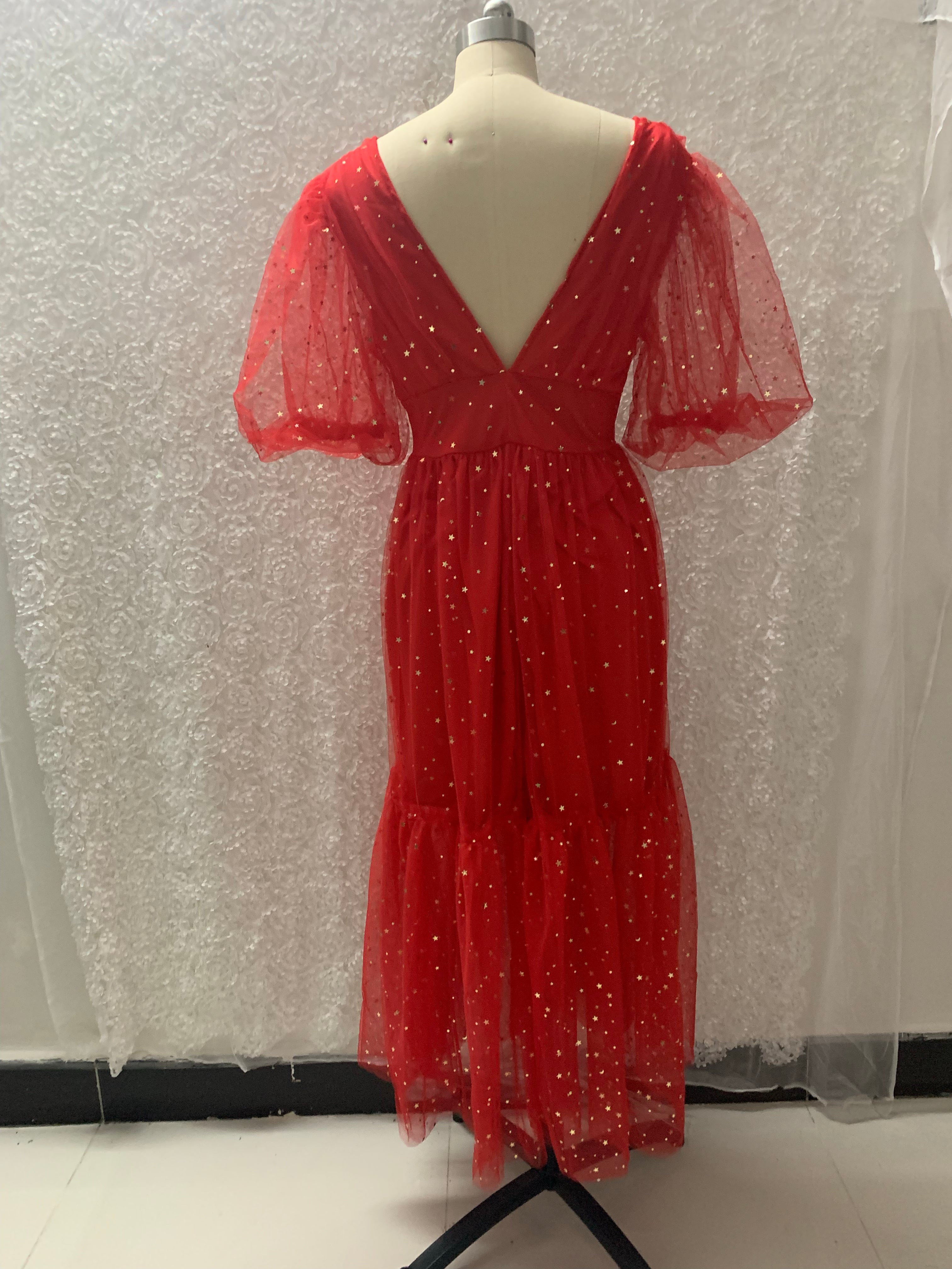 Women v-neck lantern sleeve sparkling mesh dress 8