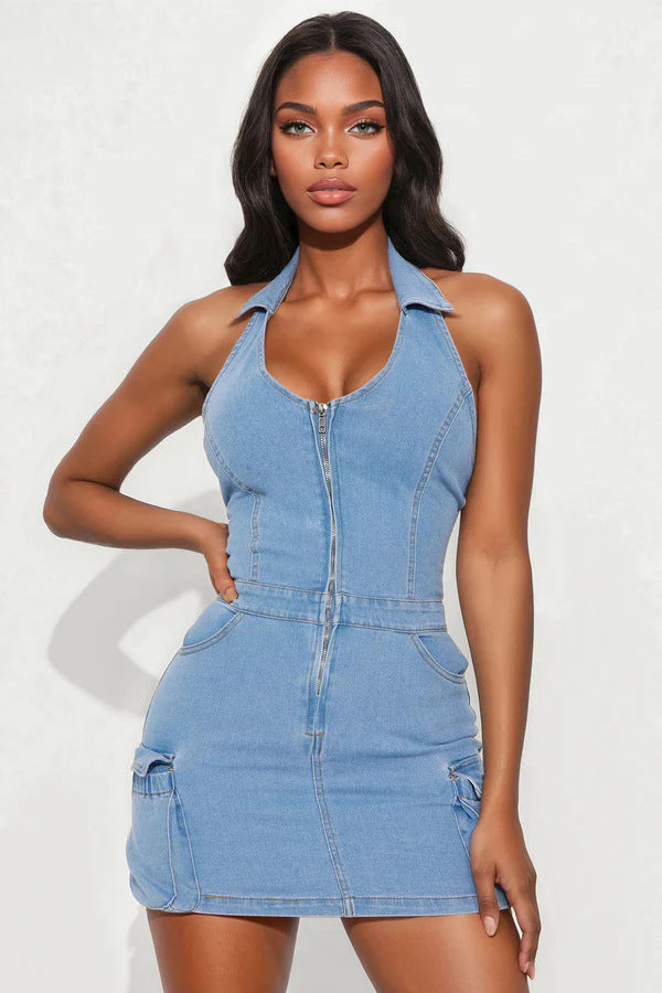 Women Halter Neck Denim Bodycon Dress 3