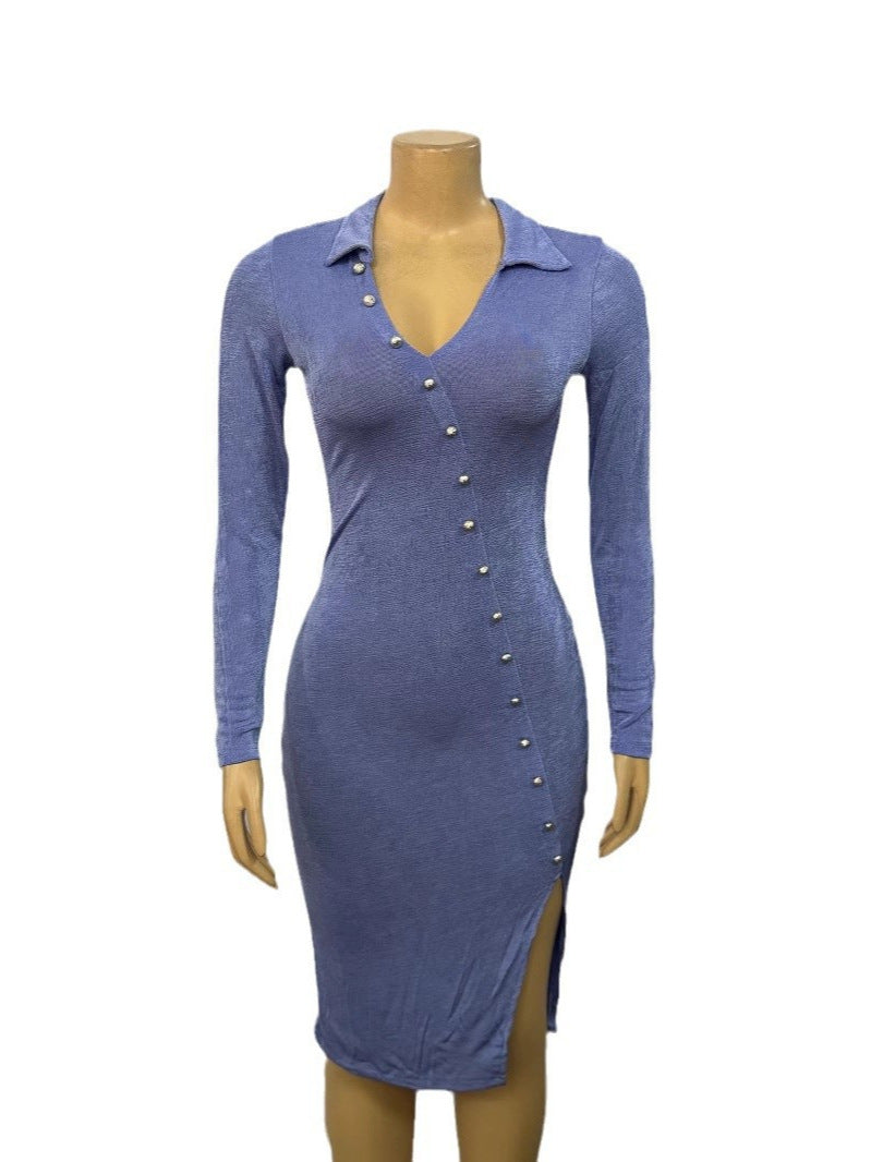 Women Turndown Collar V-Neck Sexy Slit Long Sleeve Solid Bodycon Dress 6