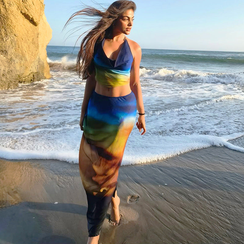 Summer Street Style Print Sleeveless Halter Neck Crop Top & Skirt Set 3