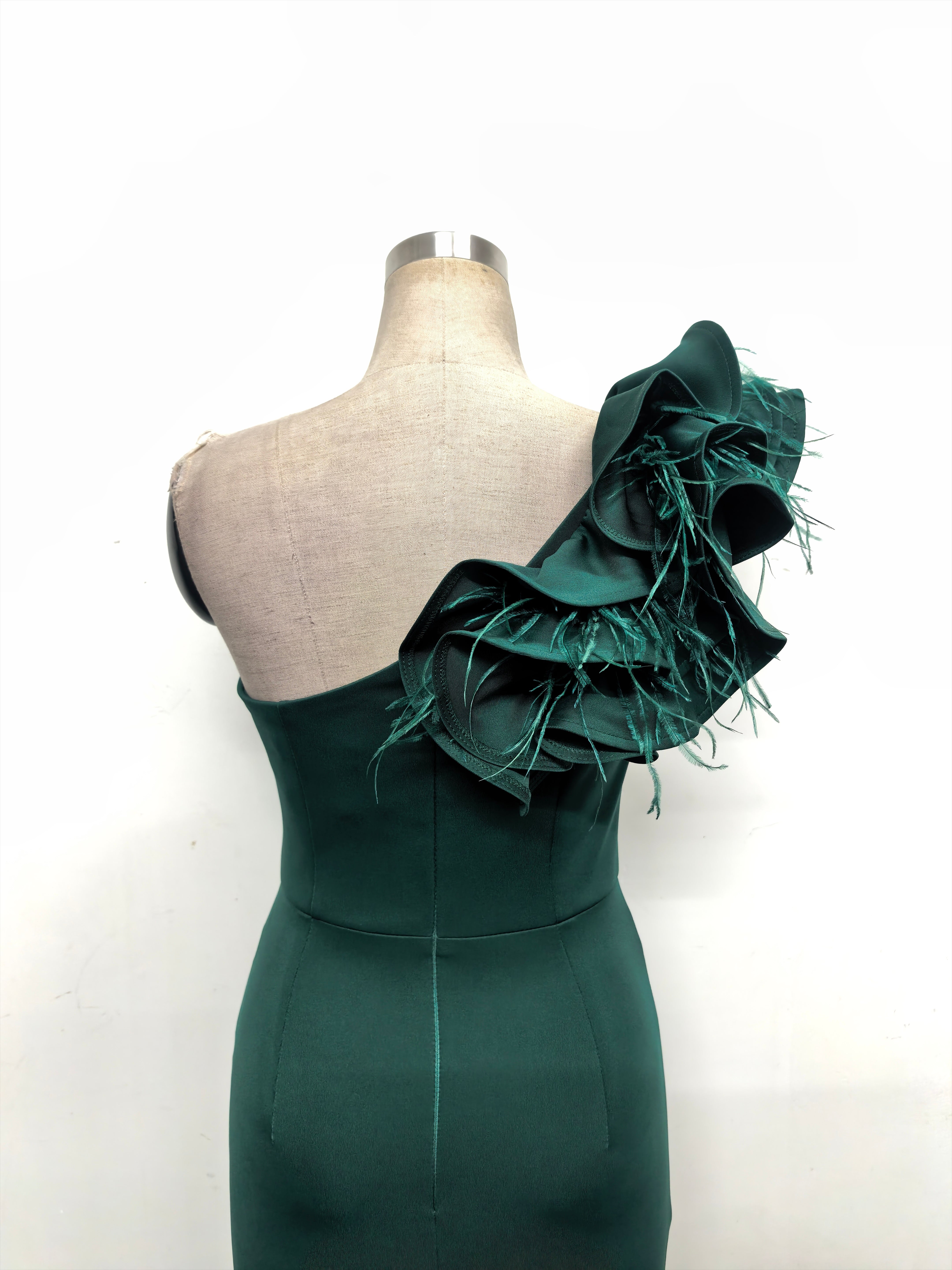 Women One-Shoulder Beaded Wool and Floral Satin Slit Sexy Evening Dress 49