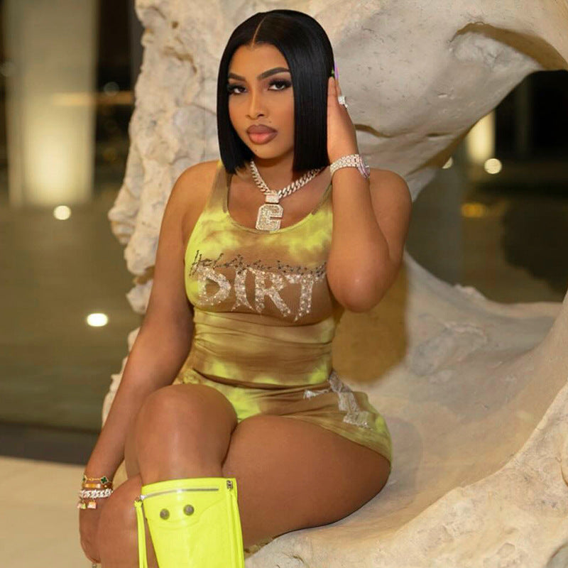 Women’s Spring Summer Round Neck Tie Dye Printed Beaded Sleeveless Two Piece Shorts Set 4