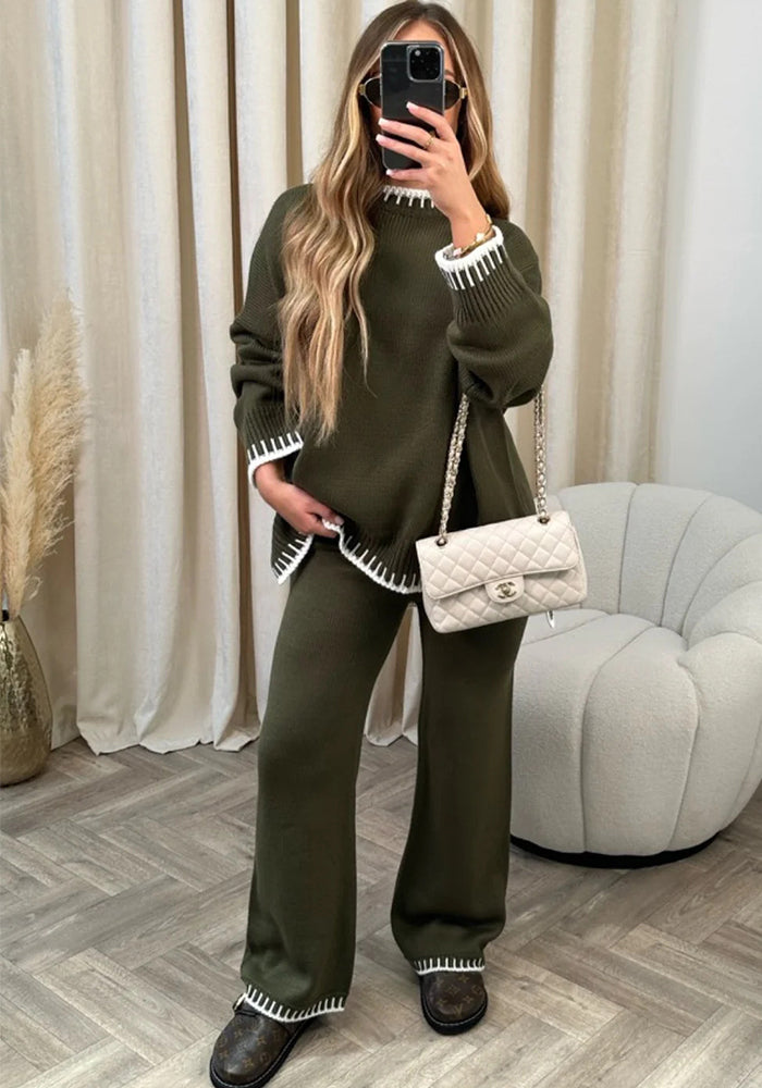 Autumn Winter Fashion Solid Color Sweater Pants Casual Loose Two-Piece Set