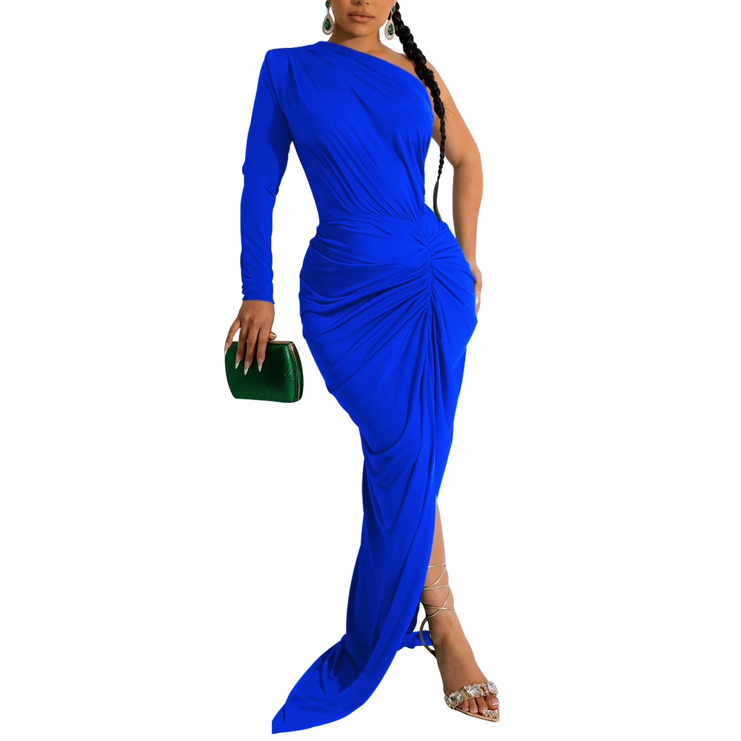 Fashion Women's Solid Color Slash Shoulder Single Long Sleeve Long Pleated Dress 15