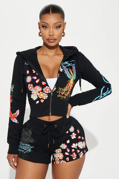 Women's Spring/Summer Print Fashion Casual Hooded Zip Long Sleeve Hooded Sports Two Piece Shorts Set