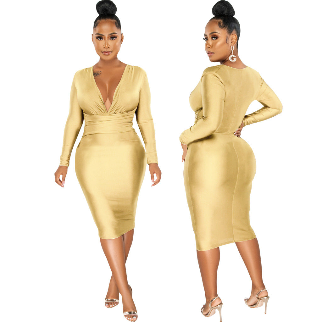Women Sexy Solid Shiny Long Sleeve V-Neck Dress 11
