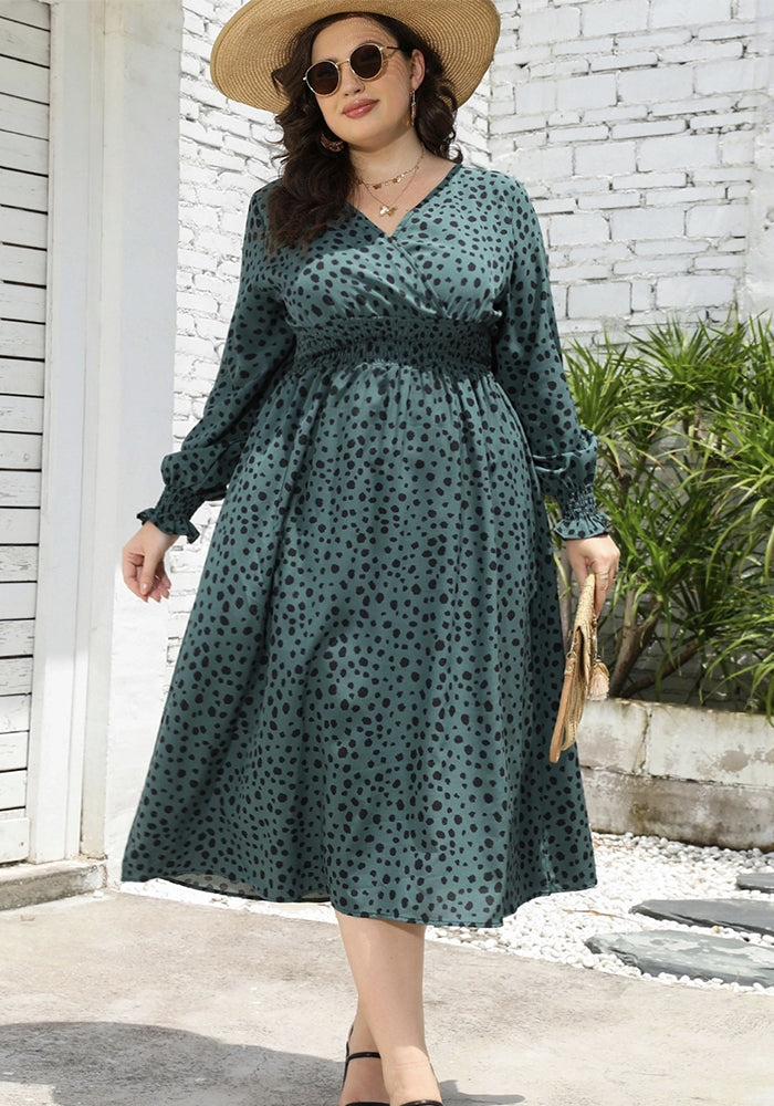 Fall Plus Size Dress Women's Printed V Neck Slim Waist Maxi Dress