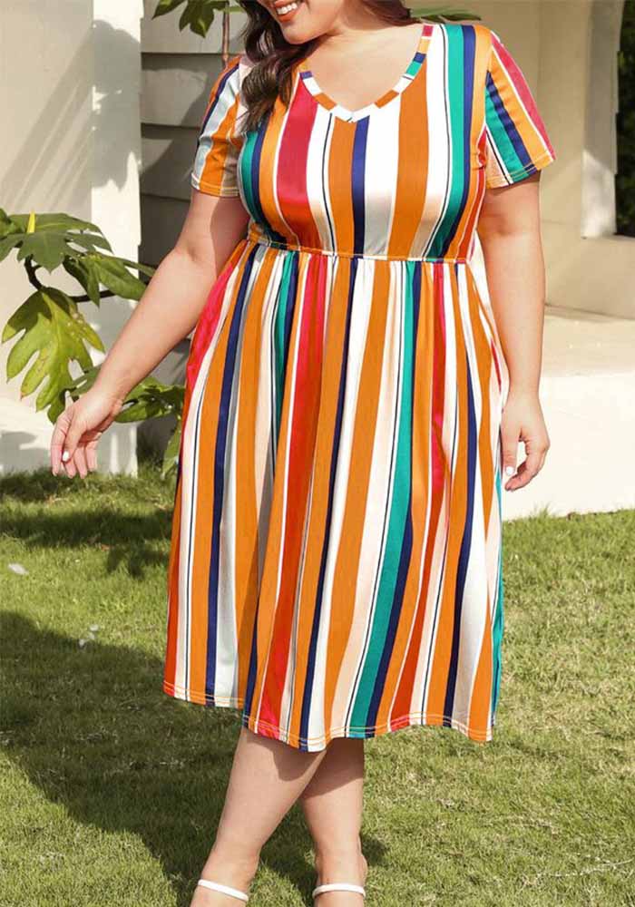 Plus Size Women Summer Multi-Color Striped Dress
