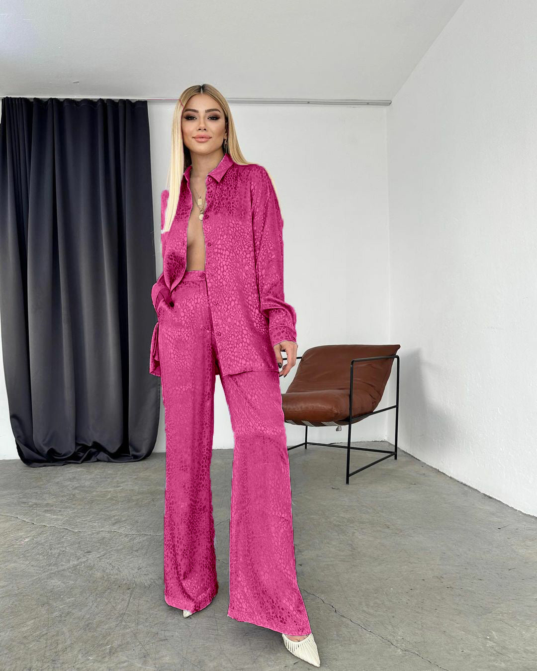 Women Long Sleeve Turndown Collar Shirt Leopard Print Pants Women Casual Two-Piece Set 4