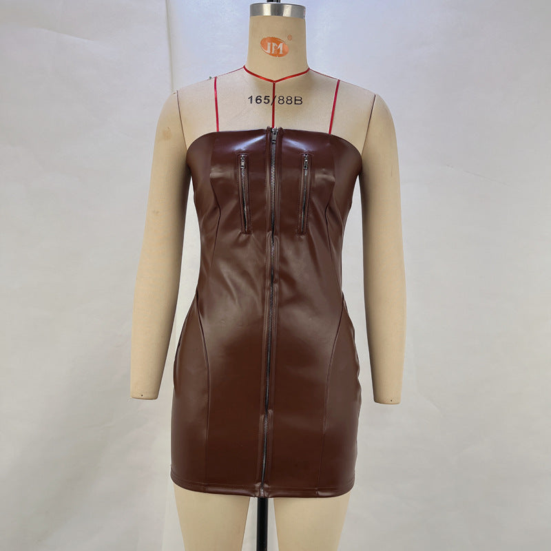 Women Strapless PU-Leather Zippered Winter Bodycon Dress 10