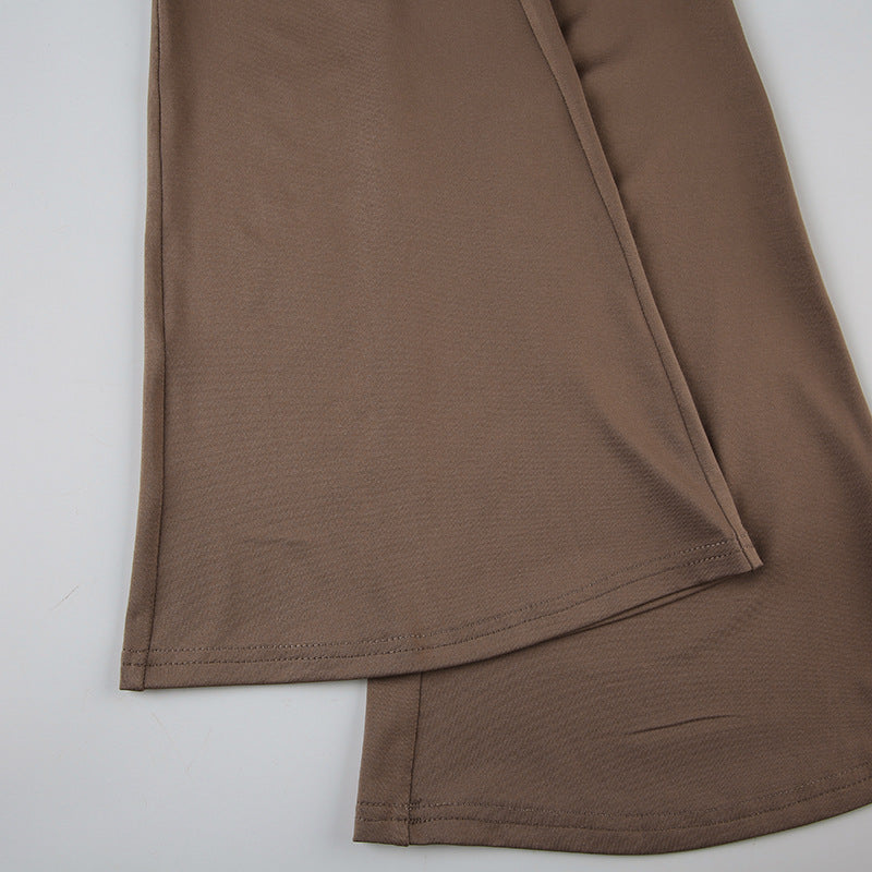 Autumn Fashion Casual Women's Solid Color Ruffled Ribbon Knitting Slim Flared Trousers 15