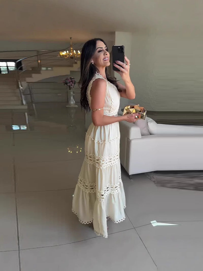 Hollow Embroidery V-Neck Long Sleeveless Casual Long Dress 6