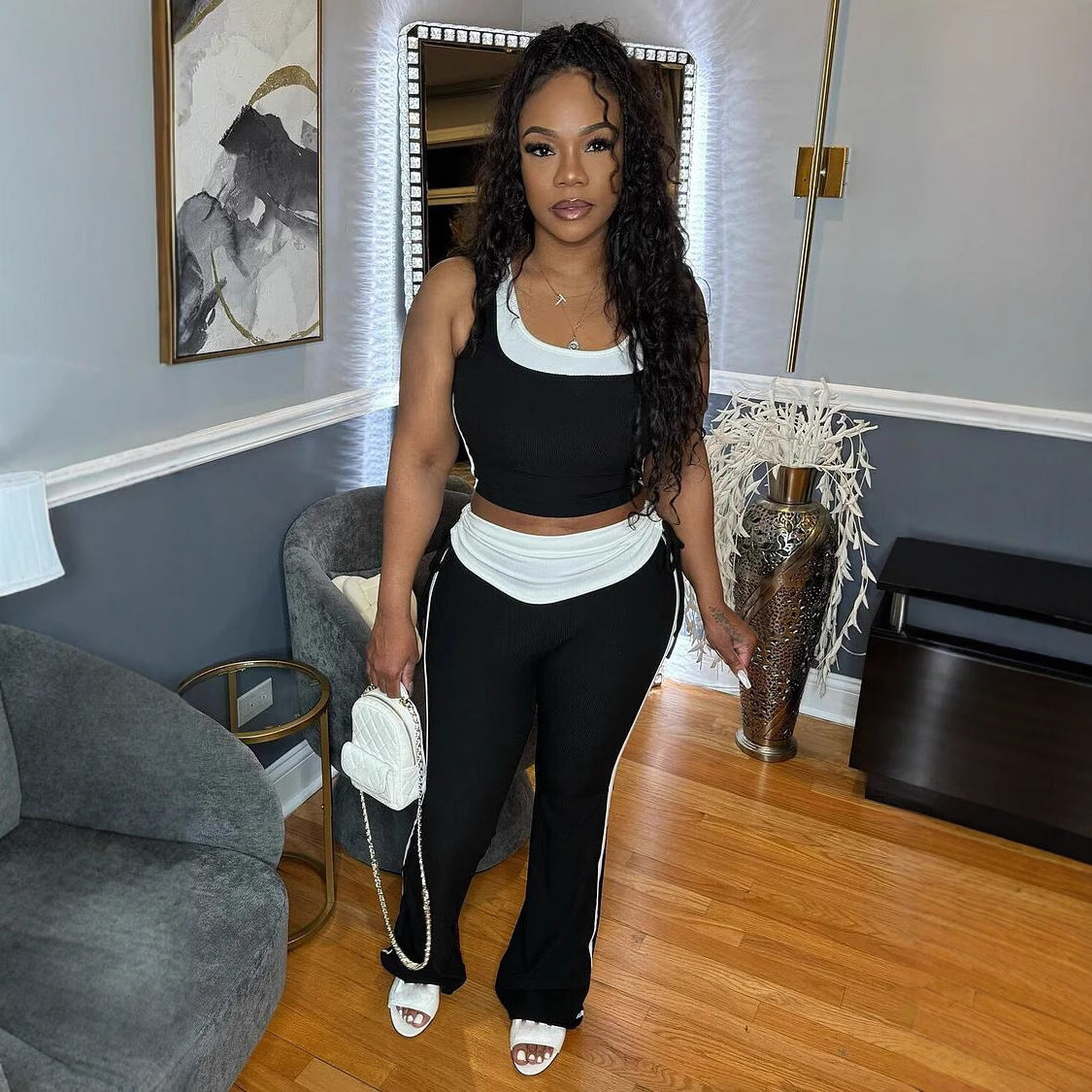 Women Casual Stretchy Patchwork Contrast Ribbed Sleeveless Tank Top and Pants Two-piece Set