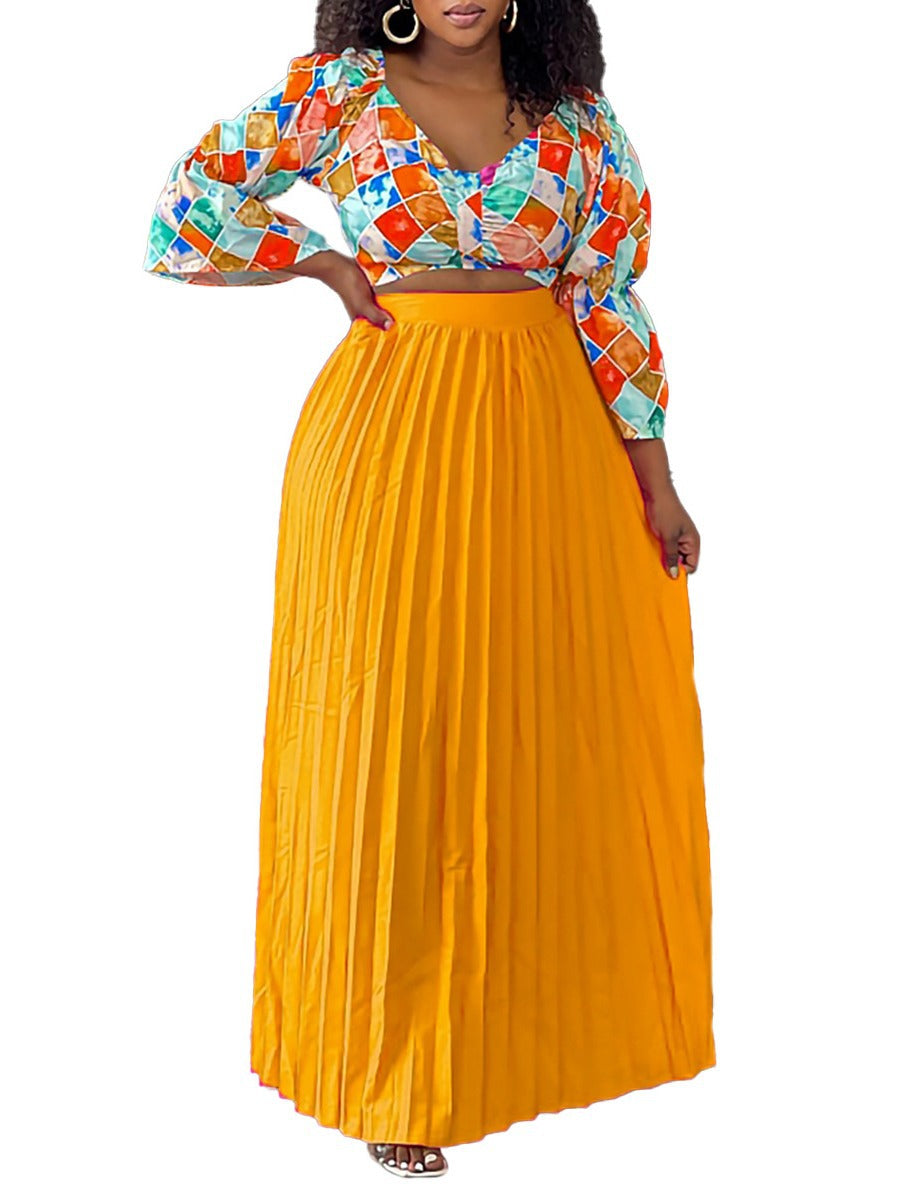 Women's Fashionable V Neck Printed Top Pleated Long Skirt African Two Piece Set 7