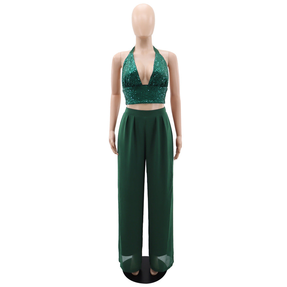 Sexy Sequined Halter Neck Tank Top Chiffon High-Waisted Straight Pants Two-Piece Set 13