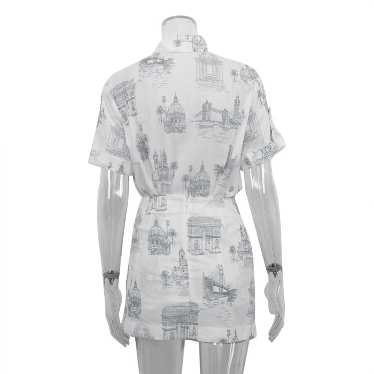 Women's Fashion Printed Short Sleeve Shirt Lace-Up Bodycon Skirt Two-Piece Suit 8