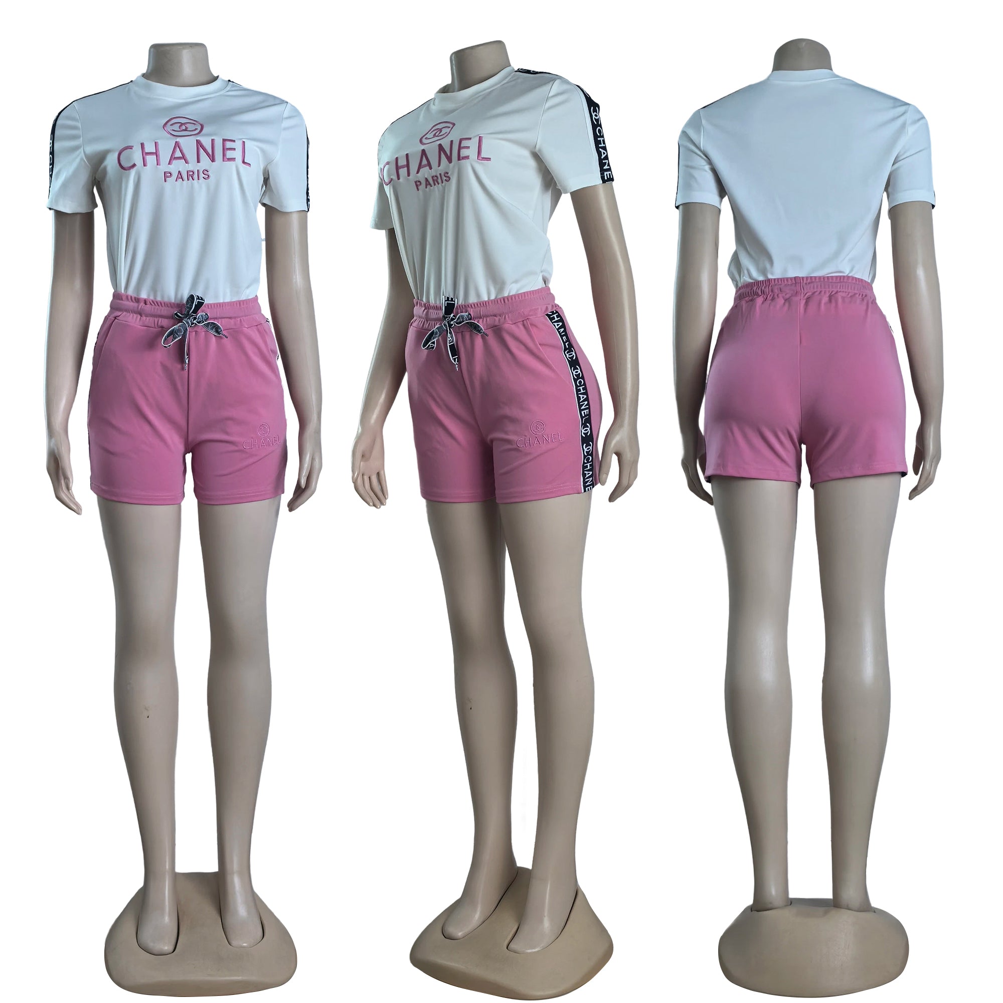 Fashionable Casual Embroidered Round Neck Top & Wide-Waist Ribbon Shorts Set 6