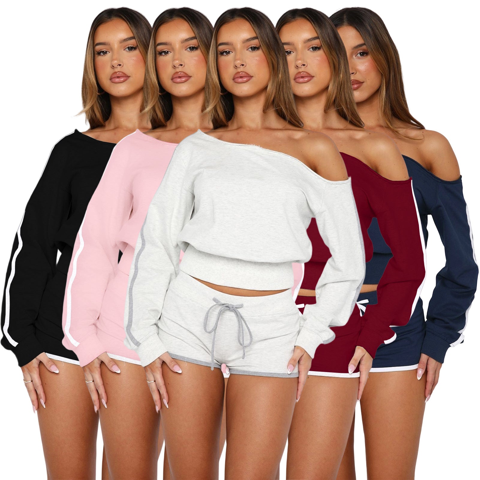 Women's Casual Slash Shoulder Long Sleeve Top Drawstring Shorts Two-Piece Set 11