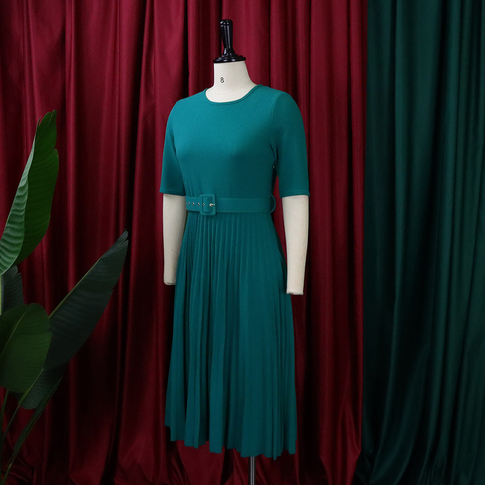 Women's Summer Fashion Round Neck Short Sleeve Solid Color Pleated Elegant Plus Size African Dress 8