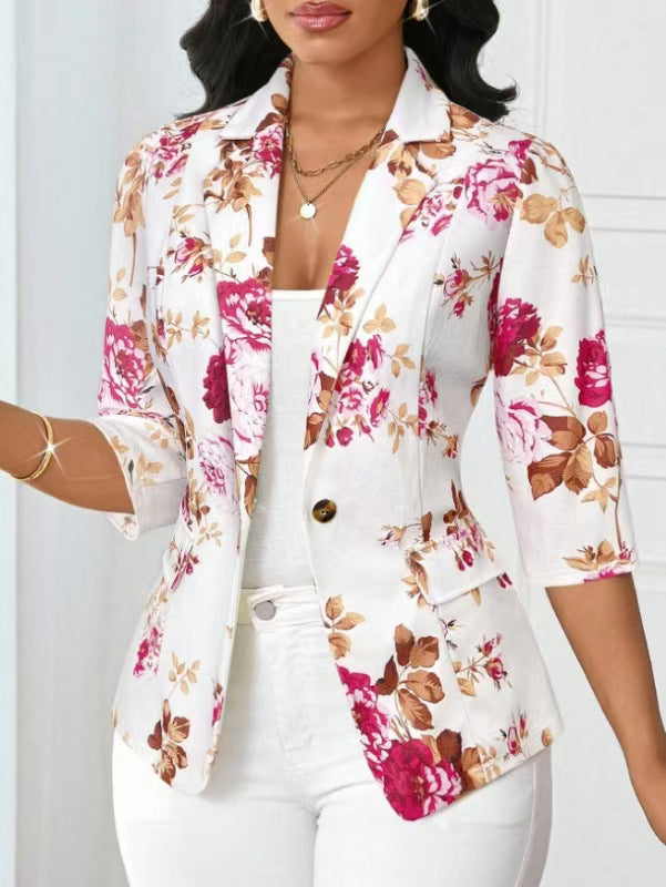 Women's Autumn Fashion Print Single Button Slim Blazer Short Jacket 4