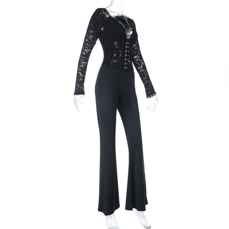 Autumn Women's Chic Fitted Long Sleeve Lace Low Back Jumpsuit 6