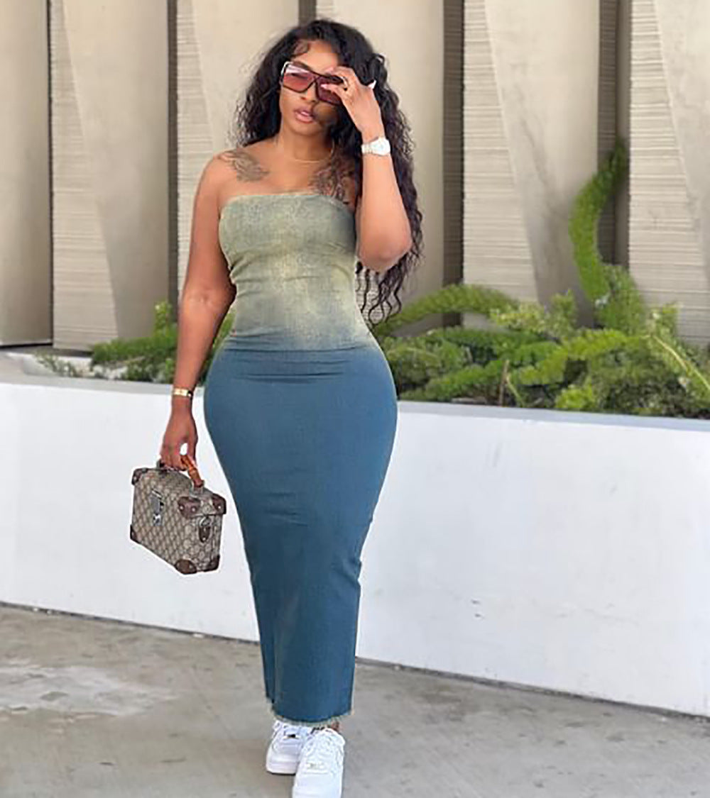 Women's Sexy Gradient Strapless Slit Bodycon Stretch Denim Dress 3