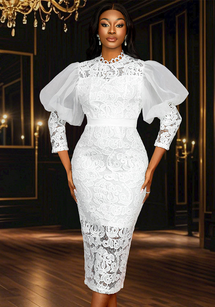Lace Formal Party Puff-Sleeve Mid-Length Dress