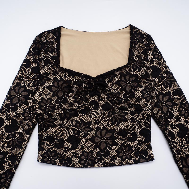 Women's Lace See-Through Long Sleeve Top & Tight Fitting Pants Two-Piece Set 21