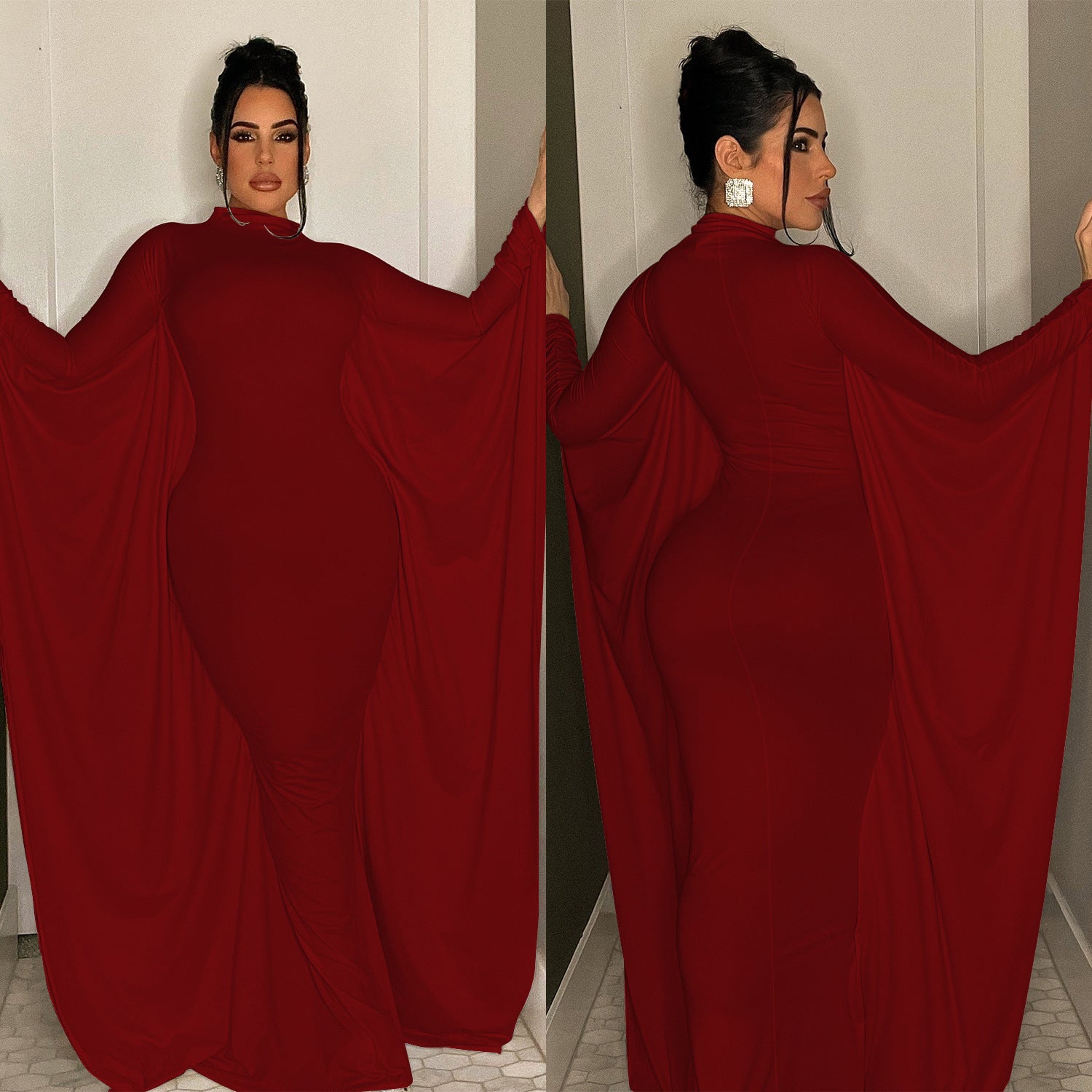 Women's fashion solid color bat style long-sleeved long dress 9