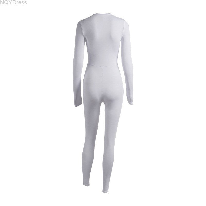 Women's Autumn Solid Color Corset Zipper Tight Fitting Casual Jumpsuit Two Piece Set 15