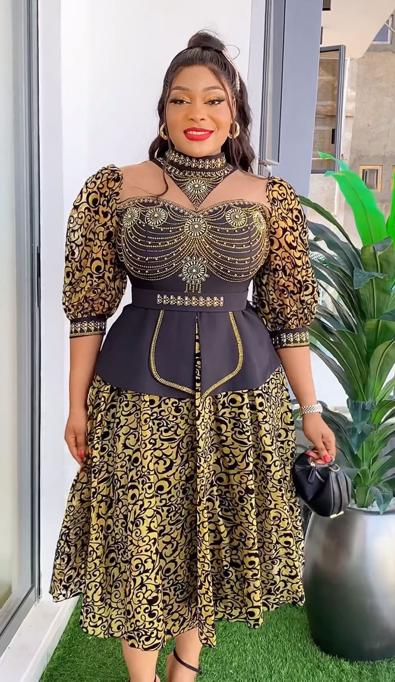 Plus Size Women African Beaded Lace Patchwork Dress 8