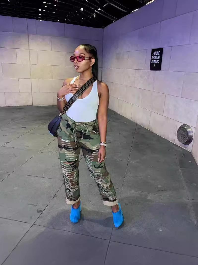 Spring Summer Women's Ripped Hollow Camouflage Long Pants 4