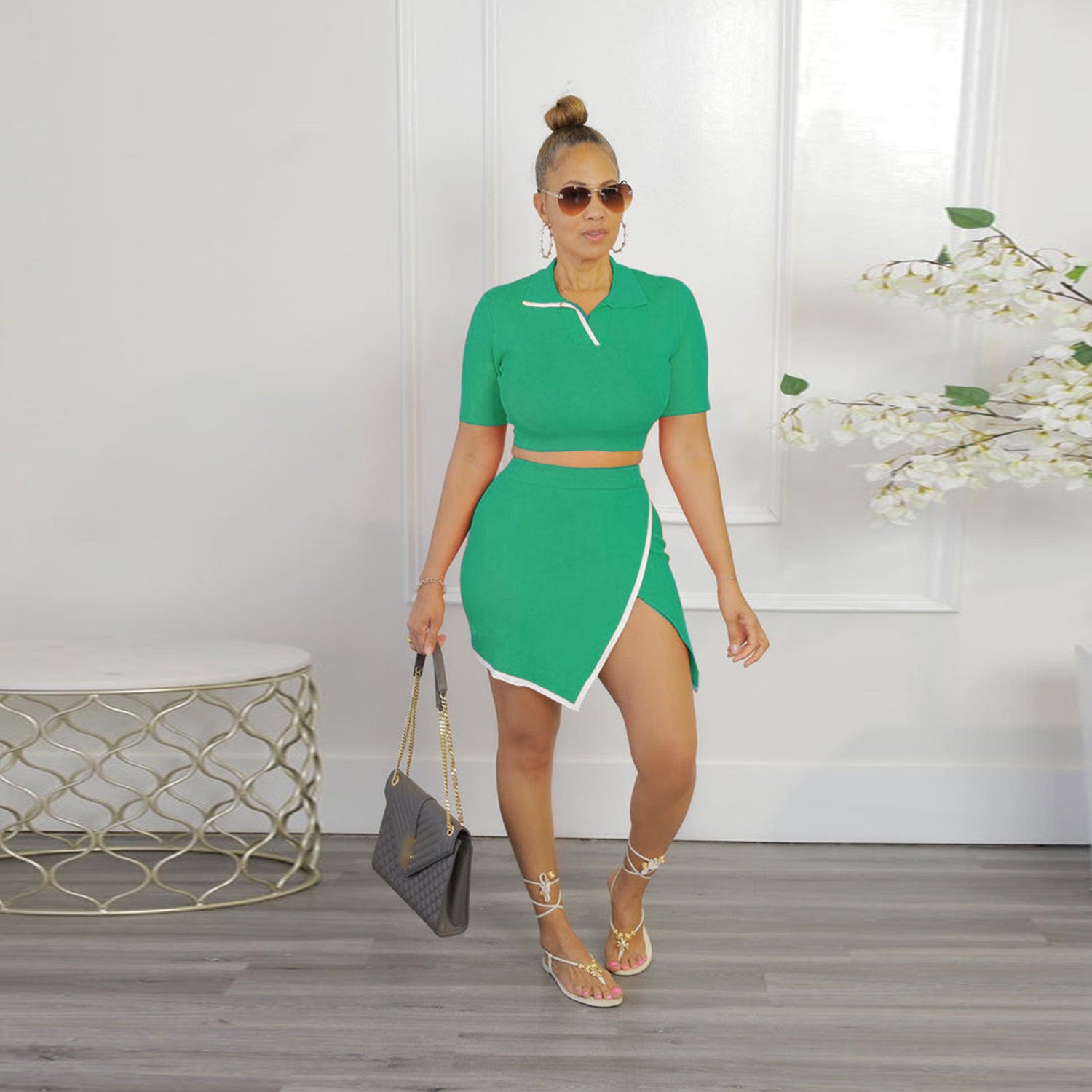 Women Sexy Turndown Collar Short Sleeve Top and Skirt Two-piece Set 4