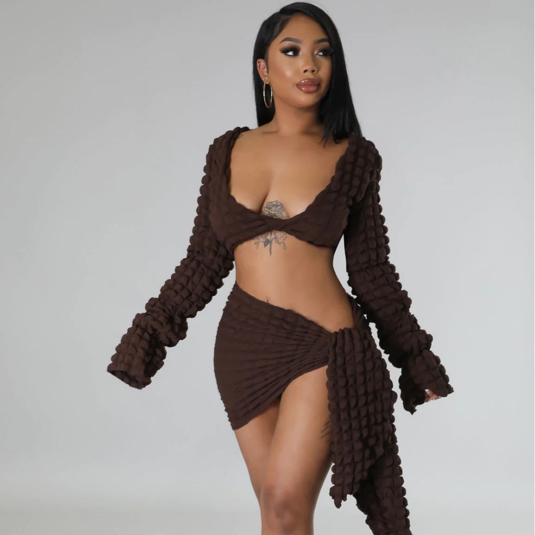 Women's Autumn Sexy V Neck Bubble Top Lace Up Open Waist Skirt Holidays two piece set