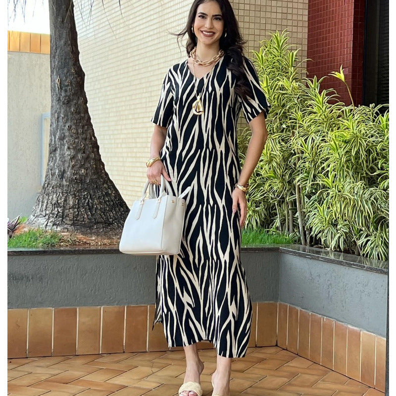 Women Elegant Printed Short Sleeve V-Neck Slit Dress 7