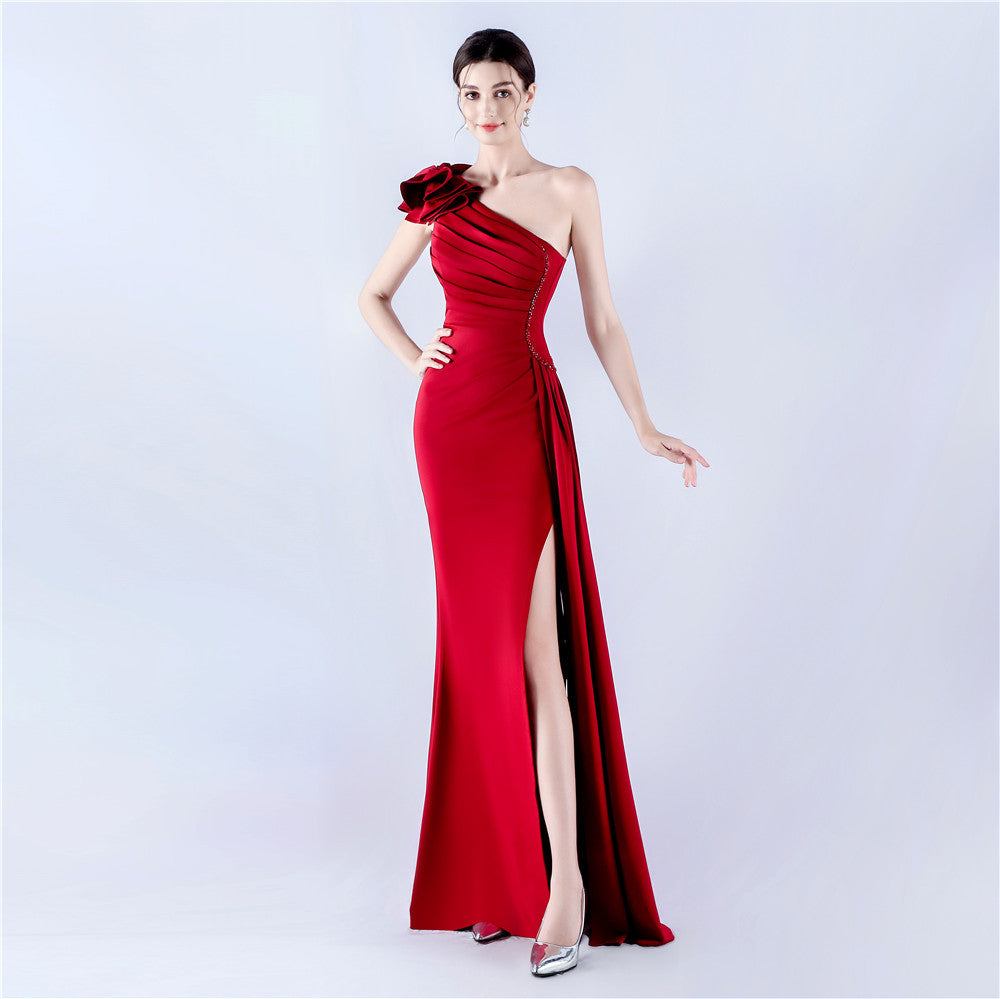 Elegant Flower Slash Shoulder Slit Evening Dress 16