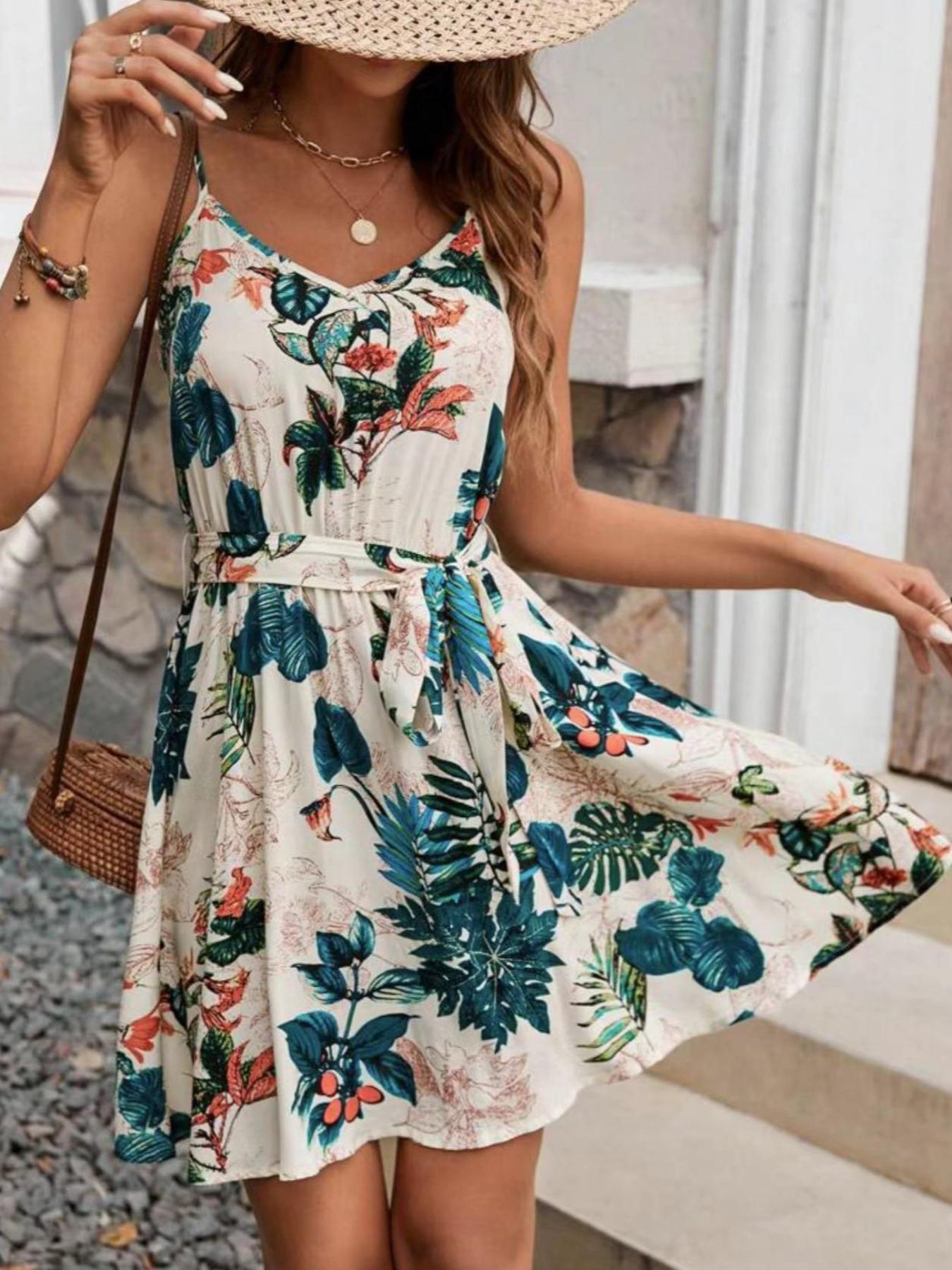 Summer print belted sleeveless low back beach holidays dress 4