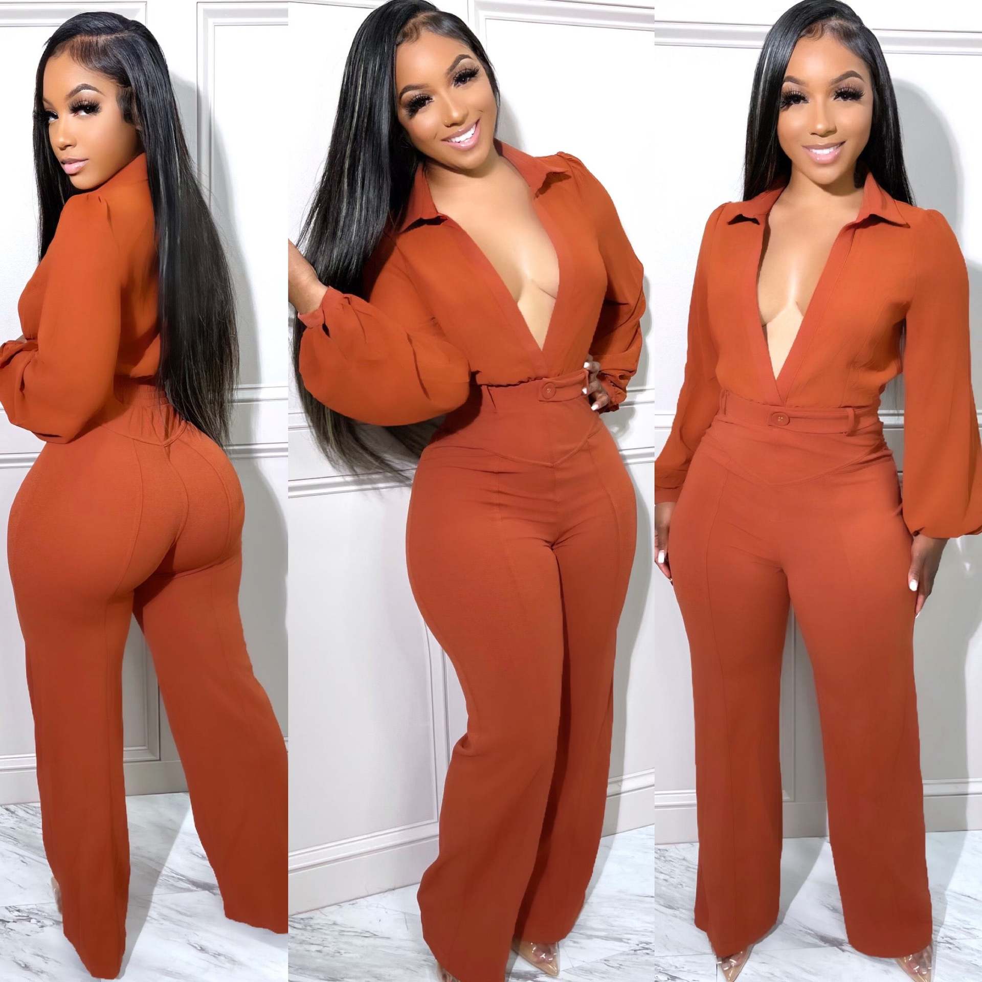 Women's Jumpsuit Sexy V-Neck Long Sleeve Tight Fitting Shirt Pants Fall Winter 7