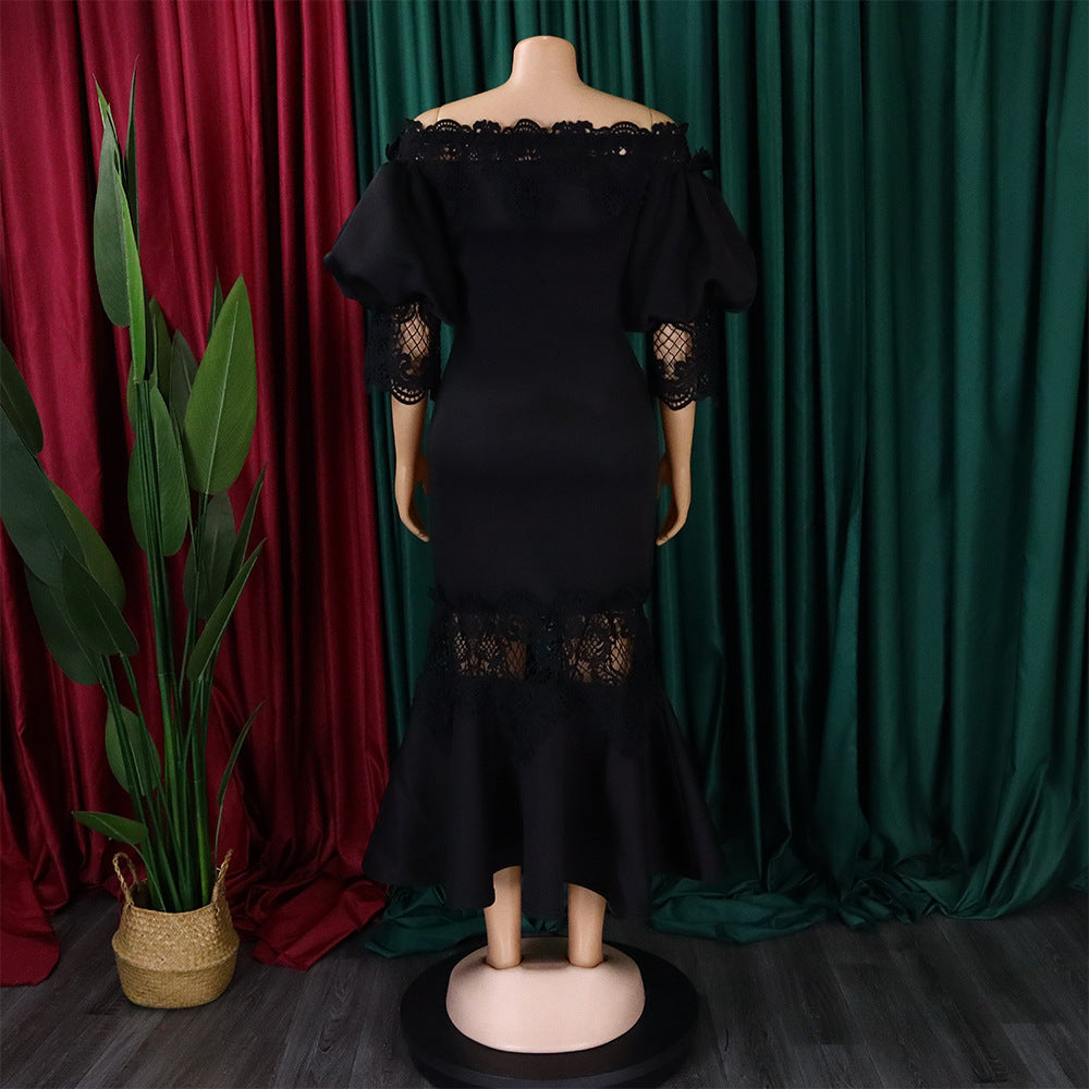 Women Off Shoulder Puff Sleeve Lace Patchwork Formal Party Mermaid Dress 31