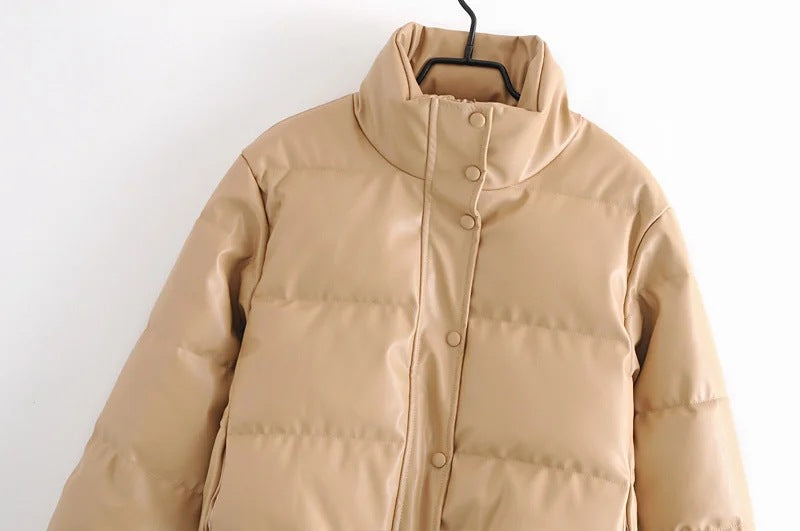 Leather Casual solid color leather cotton-padded Stand Collar jacket 32