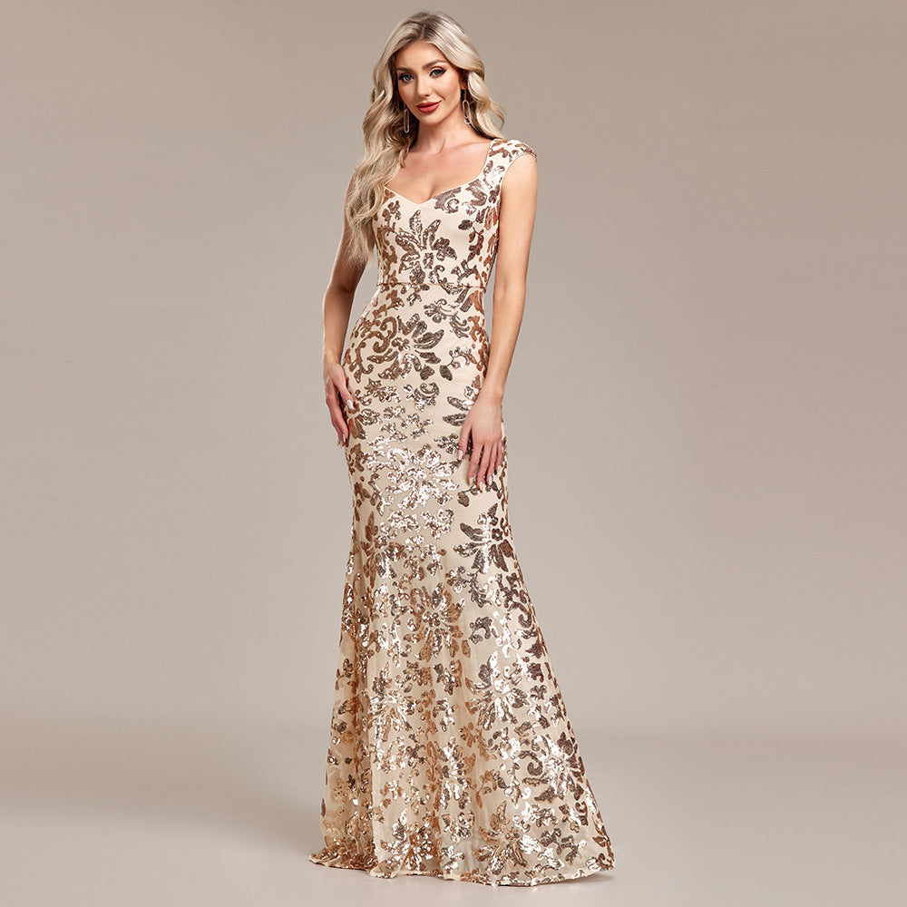 Women Square Neck Mermaid Rose Gold Pattern Sequin Sleeveless Party Evening Dress