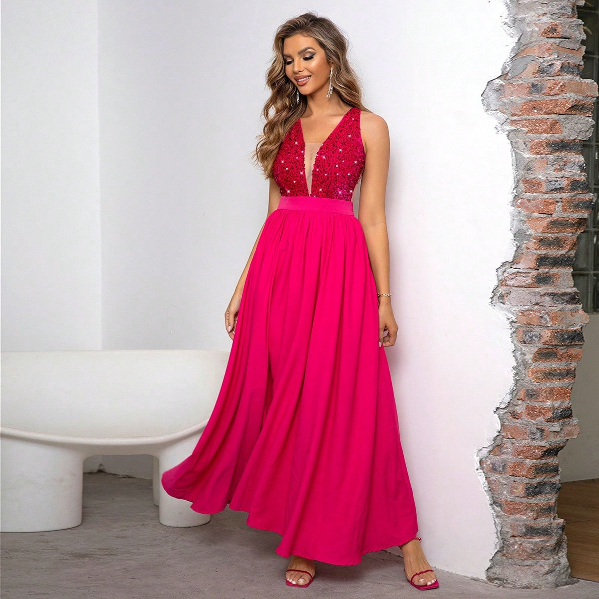 Women's Summer Solid Color Sexy Sleeveless Slits Big Swing Dress 6