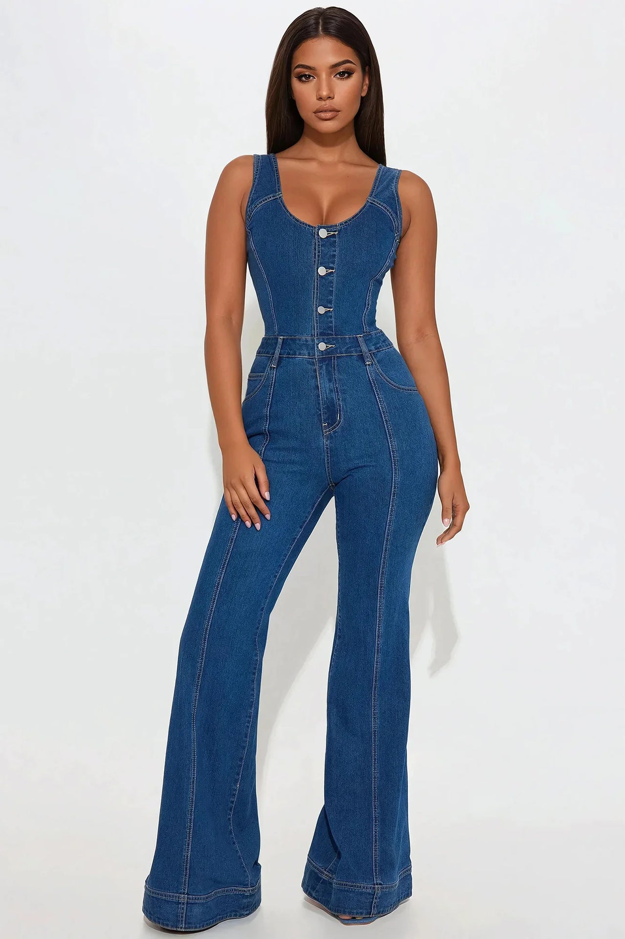 Women Casual Sexy Denim Bell Bottom Jumpsuit