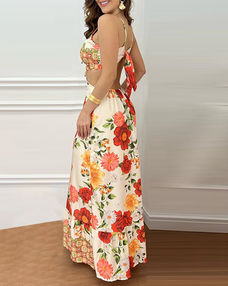 Floral Holiday Print Sexy Open Waist Strap Long Dress 10