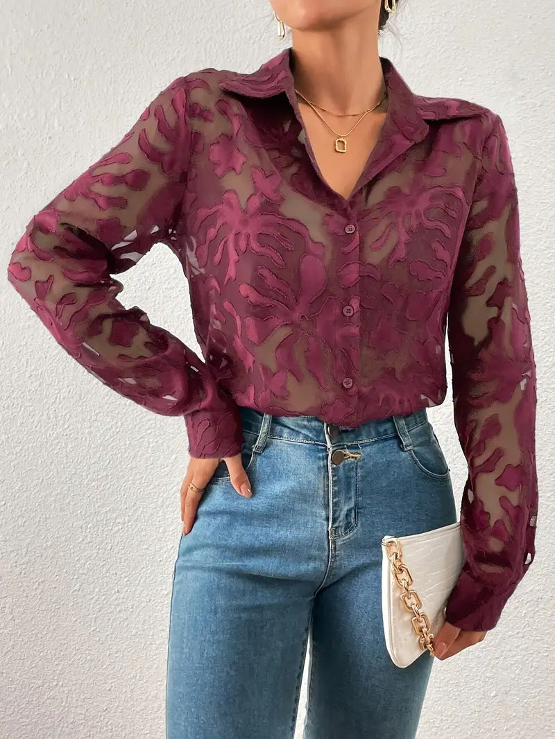 Floral Jacquard Shirt Turn-Down Collar Single-Breasted Blouse 6
